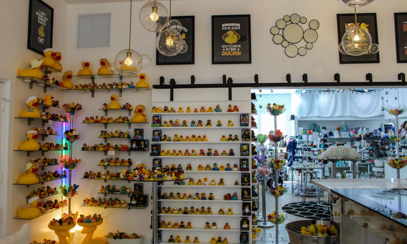 Souvenir ducks along the wall