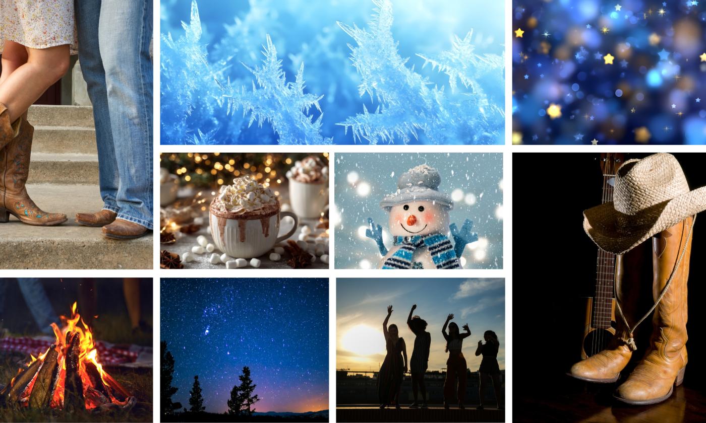 A collage of photos with cowboy boots, line dancing under the starts, and a bon fire