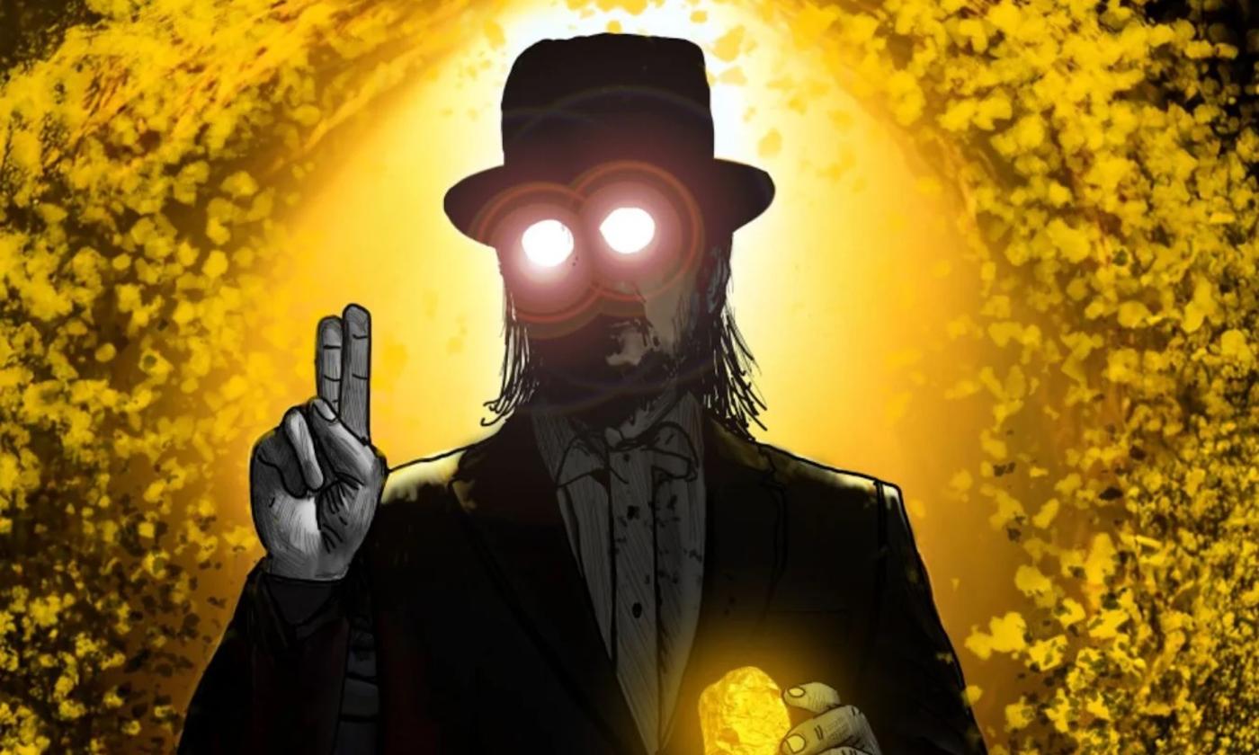 An animated image of a man with glowing eyes stands in front of a yellow backdrop.