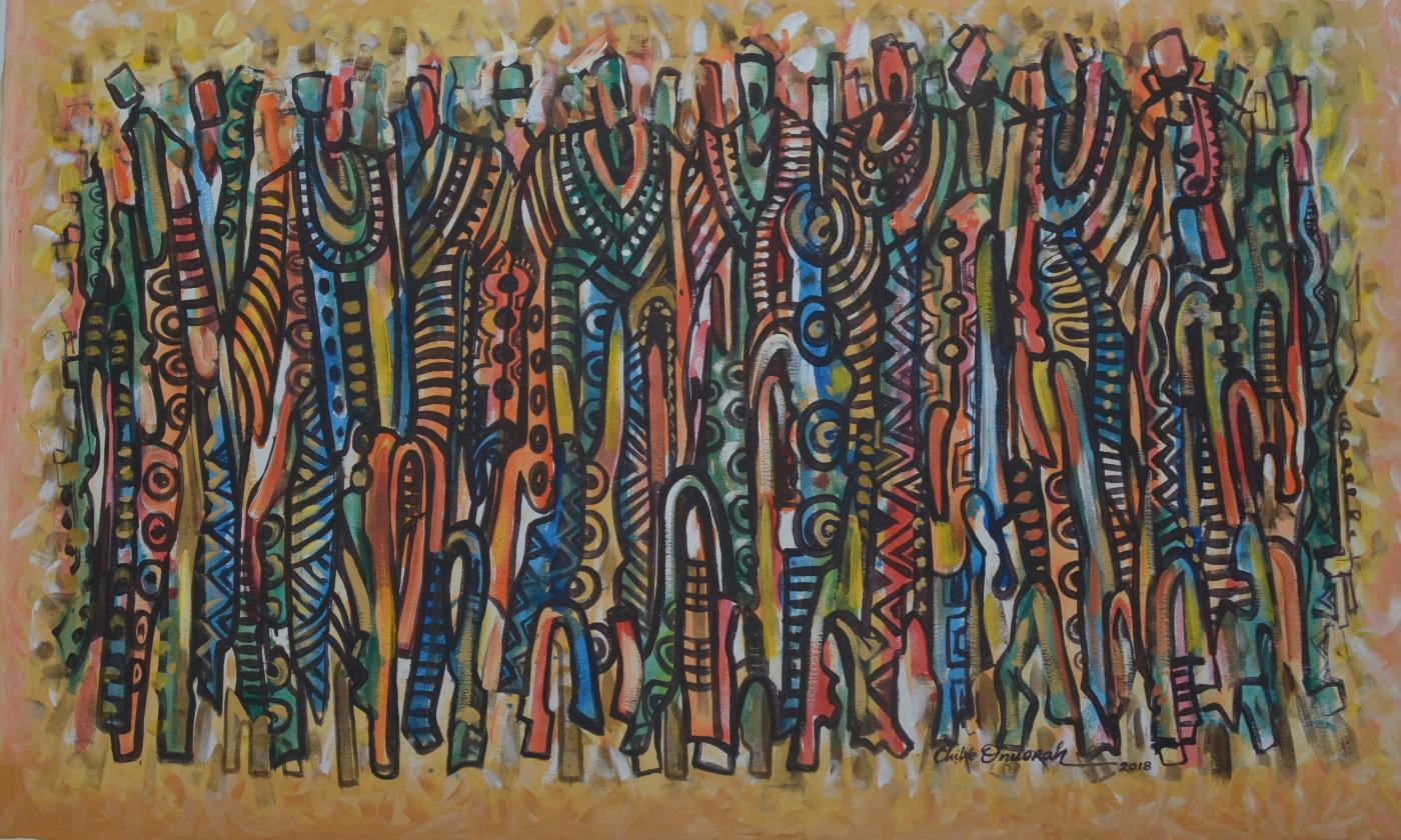A painting by Chike Onuorah, titled "Kingmakers" shows colorful narrow figures in flowing robes massed together on the canvas