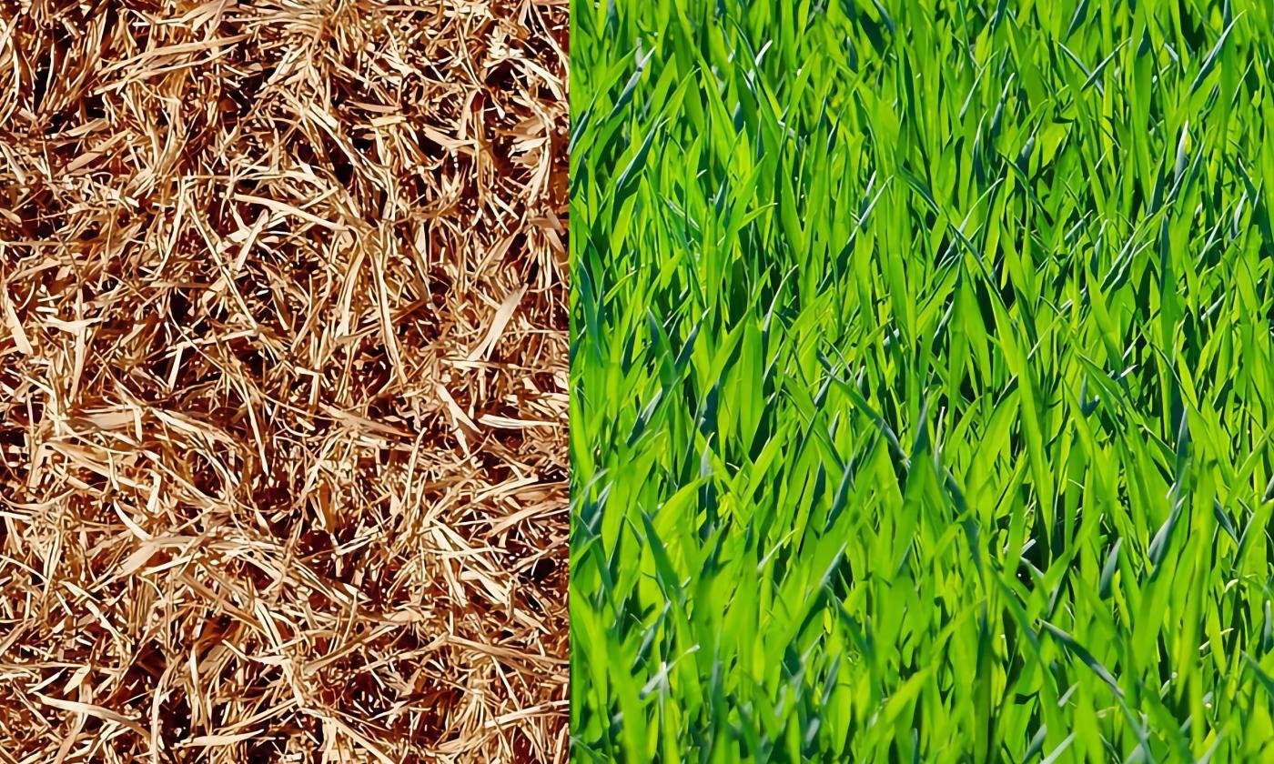 Brown grass on the left and green grass on the right