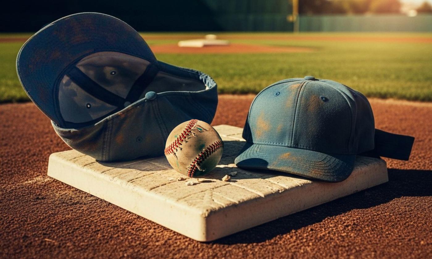 A base on a ball field with a men's and a boy's cap, and a baseball