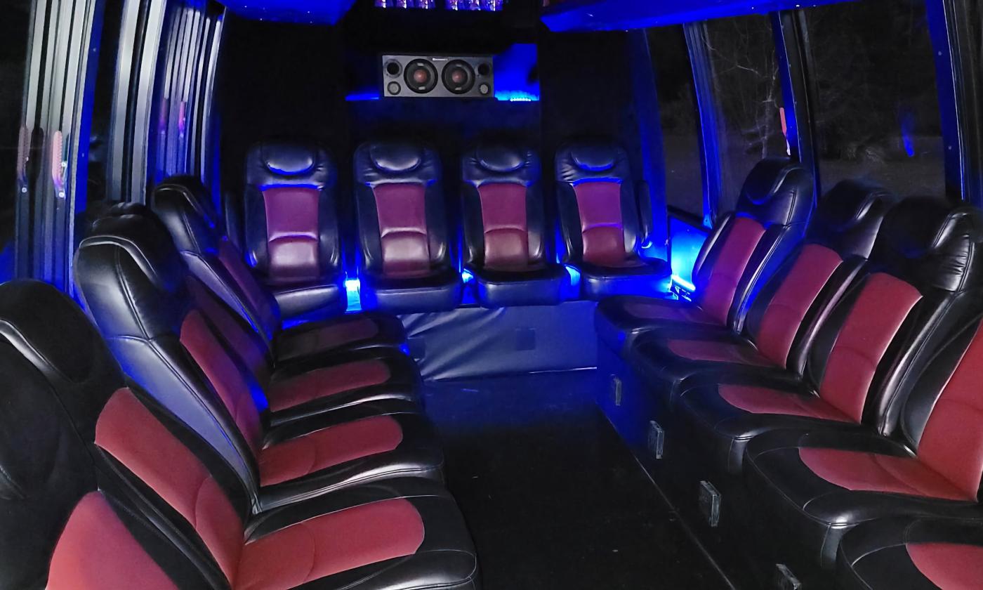 The inside of the shuttle bus with ample seating