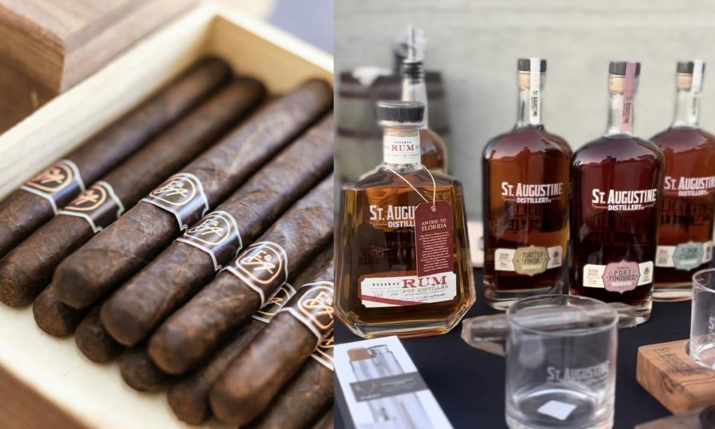 A box of premium cigars on one side, and St. Augustine Distillery spirits on the other