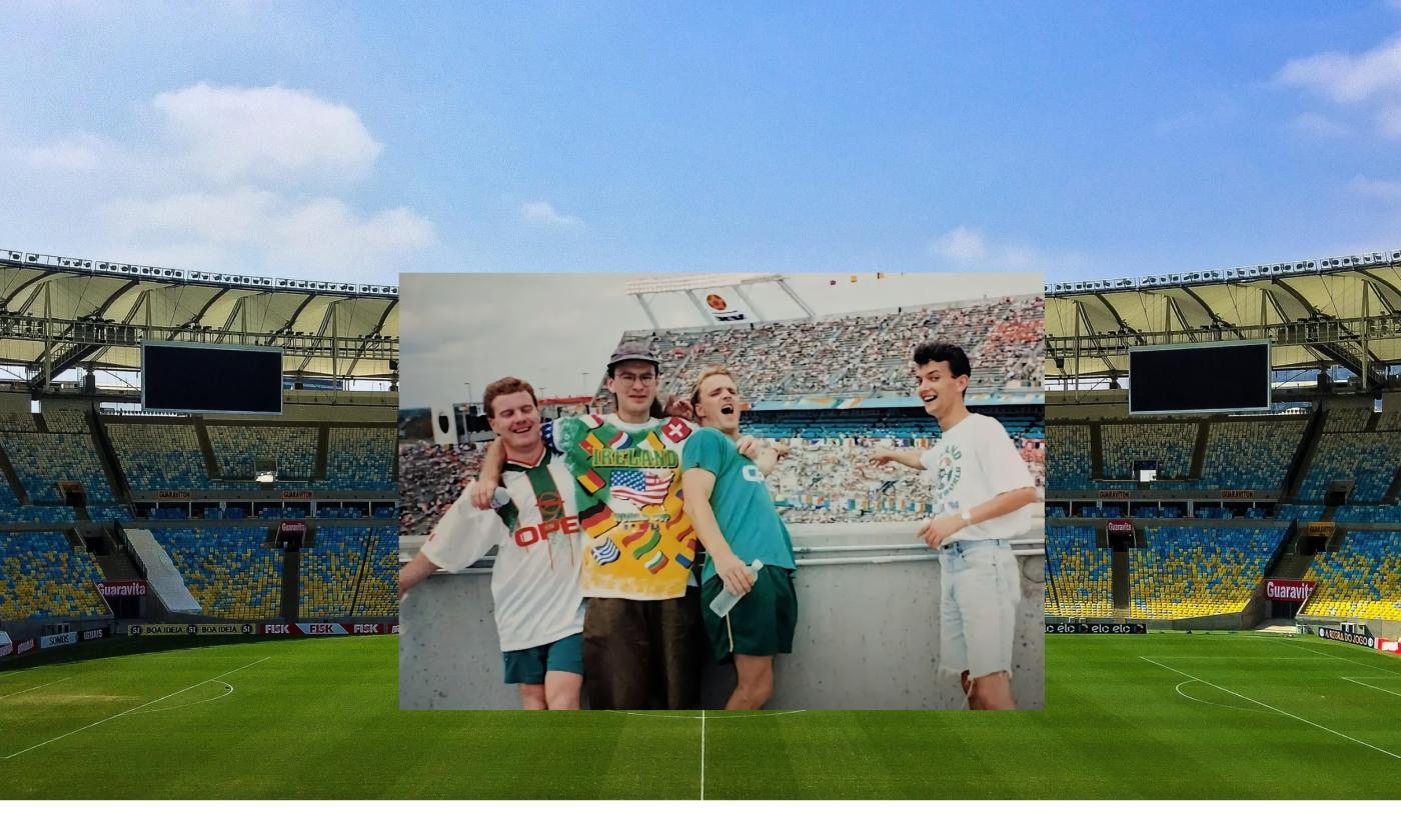 A beautiful, empty soccer statium with a smaller photo of four friends at a match in the 90s