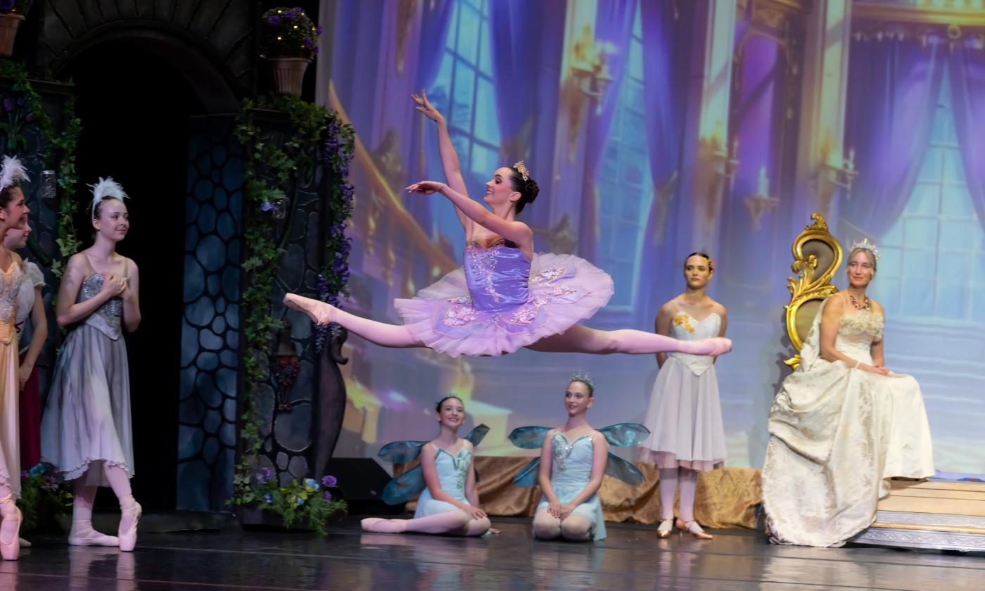 A ballerina leaping in the performance, "Rapunzel"