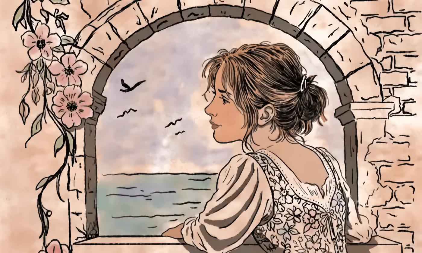 A painting of a young woman from the 1500s standing in an archway