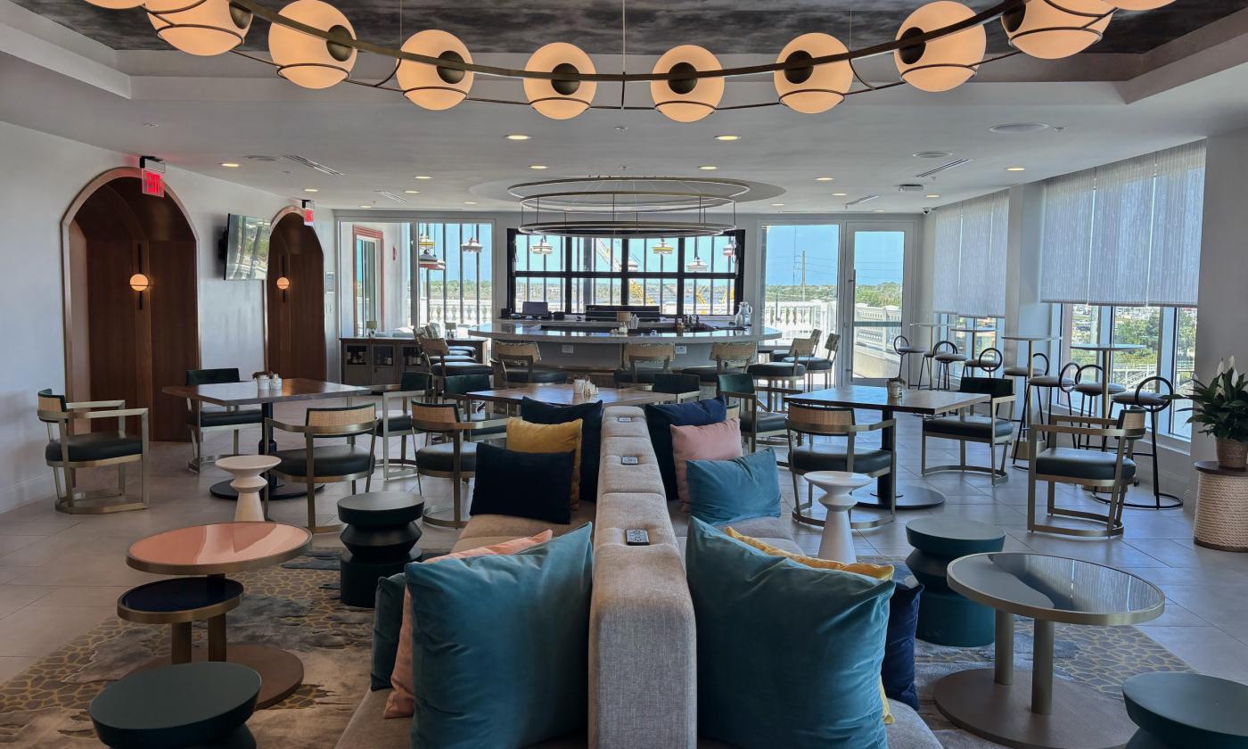 Tables and seats taking up the dining room