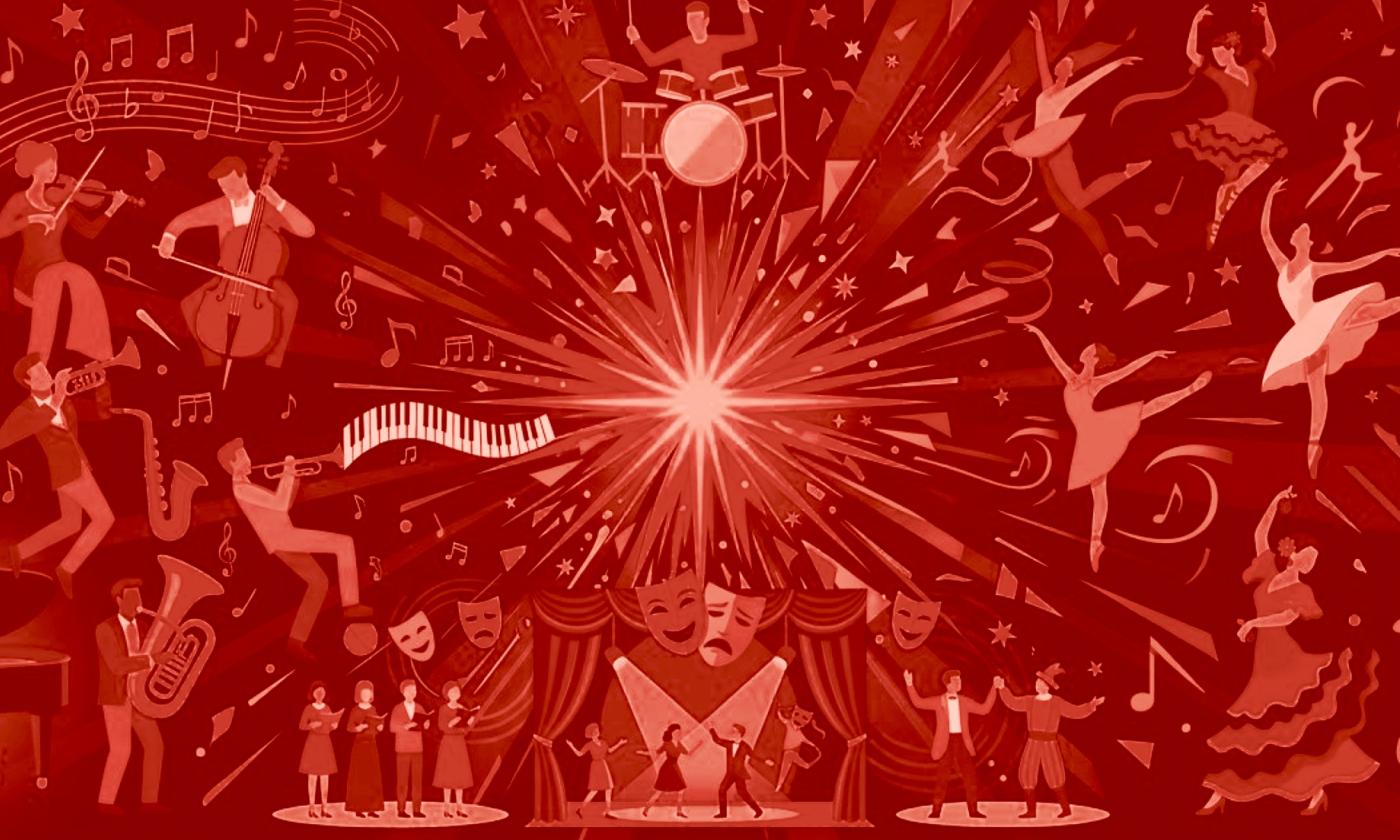 Art featuring a myriad of kinds of performers in shades of red