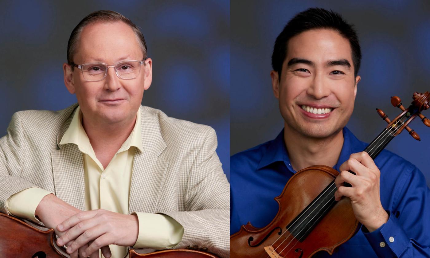 Two musicians, a Cellist and a Violinist against a blue background