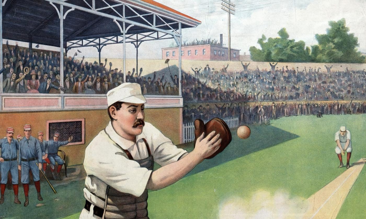A painting from the early 1900s showing a man catching a baseball