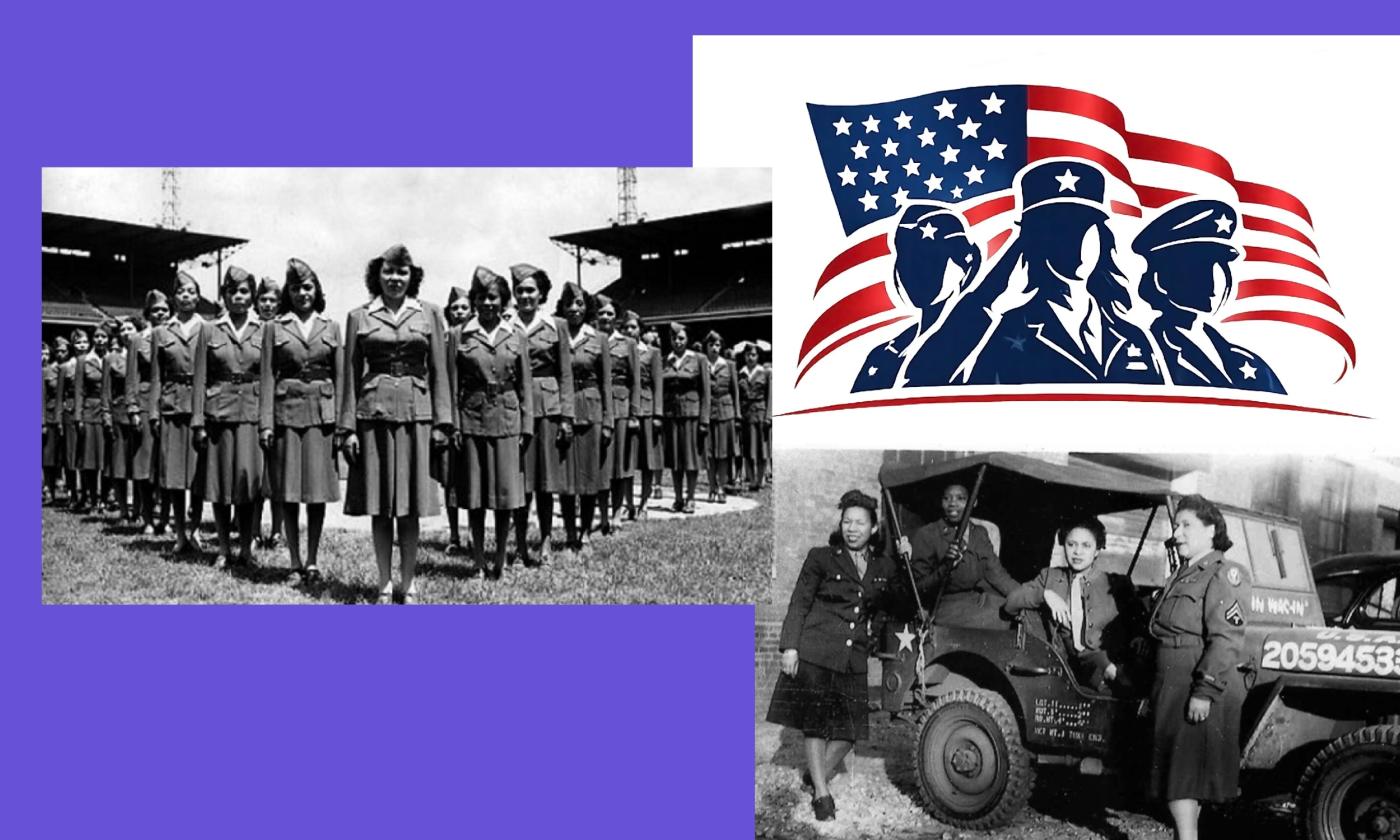 A montage of three items, two groups of women in the military, and a logo for the organzation