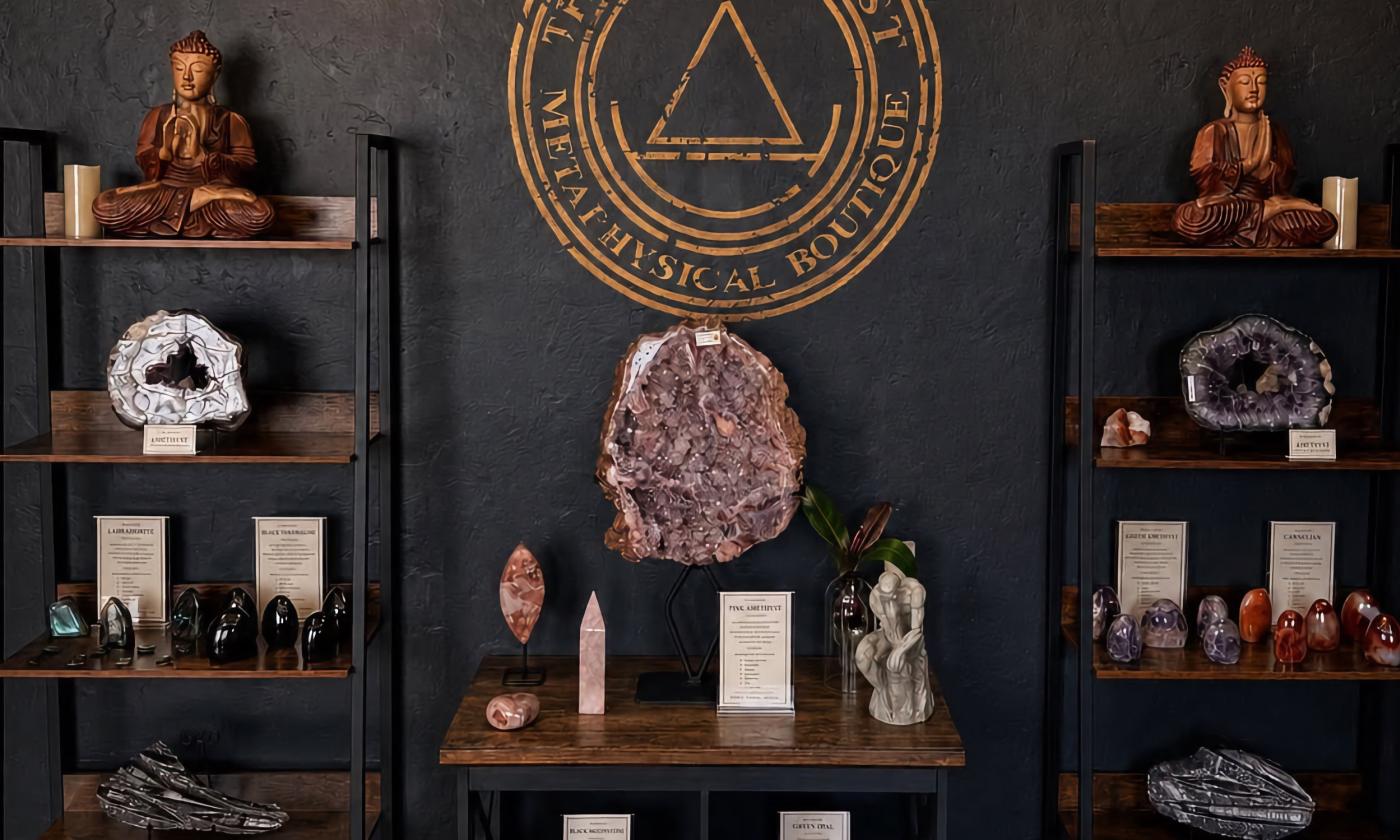 Assorted crystals displayed on shelves