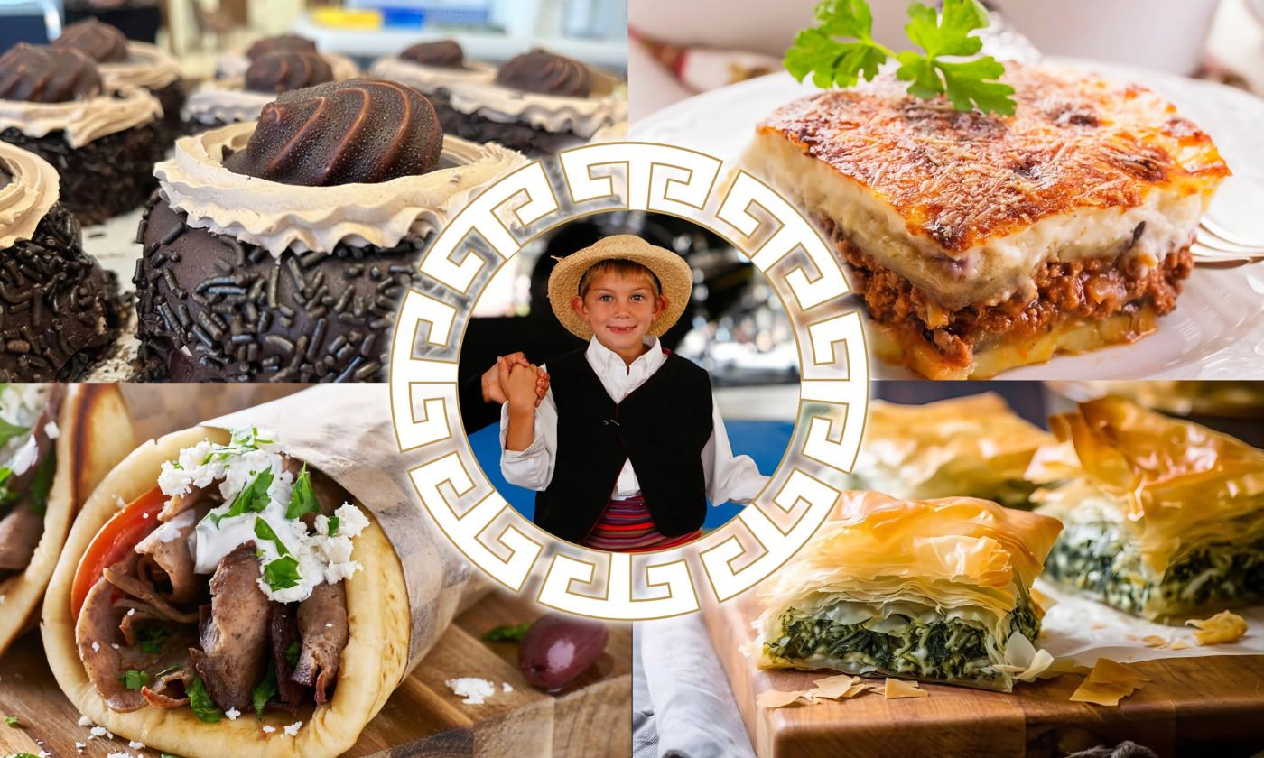 A montage of Greek foods and a child in Greek clothing