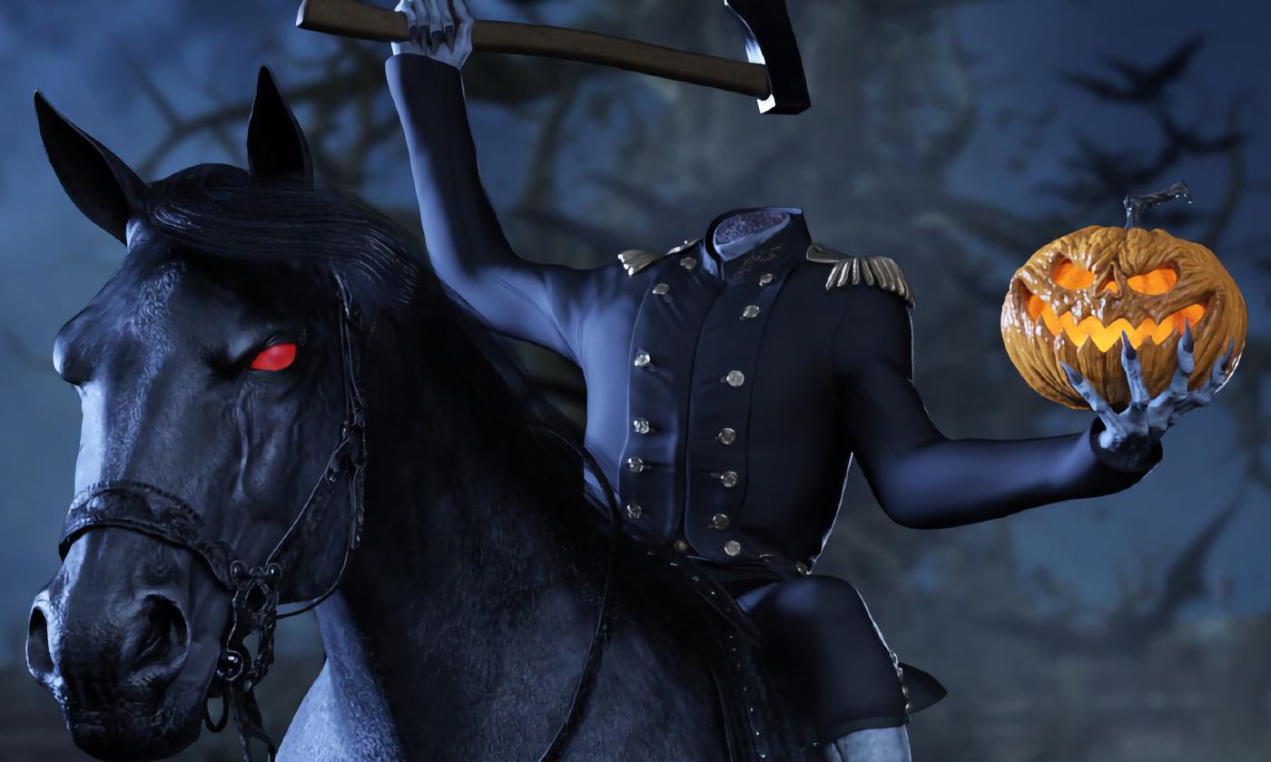 A black horse with a headless rider holding a jack-o-lantern