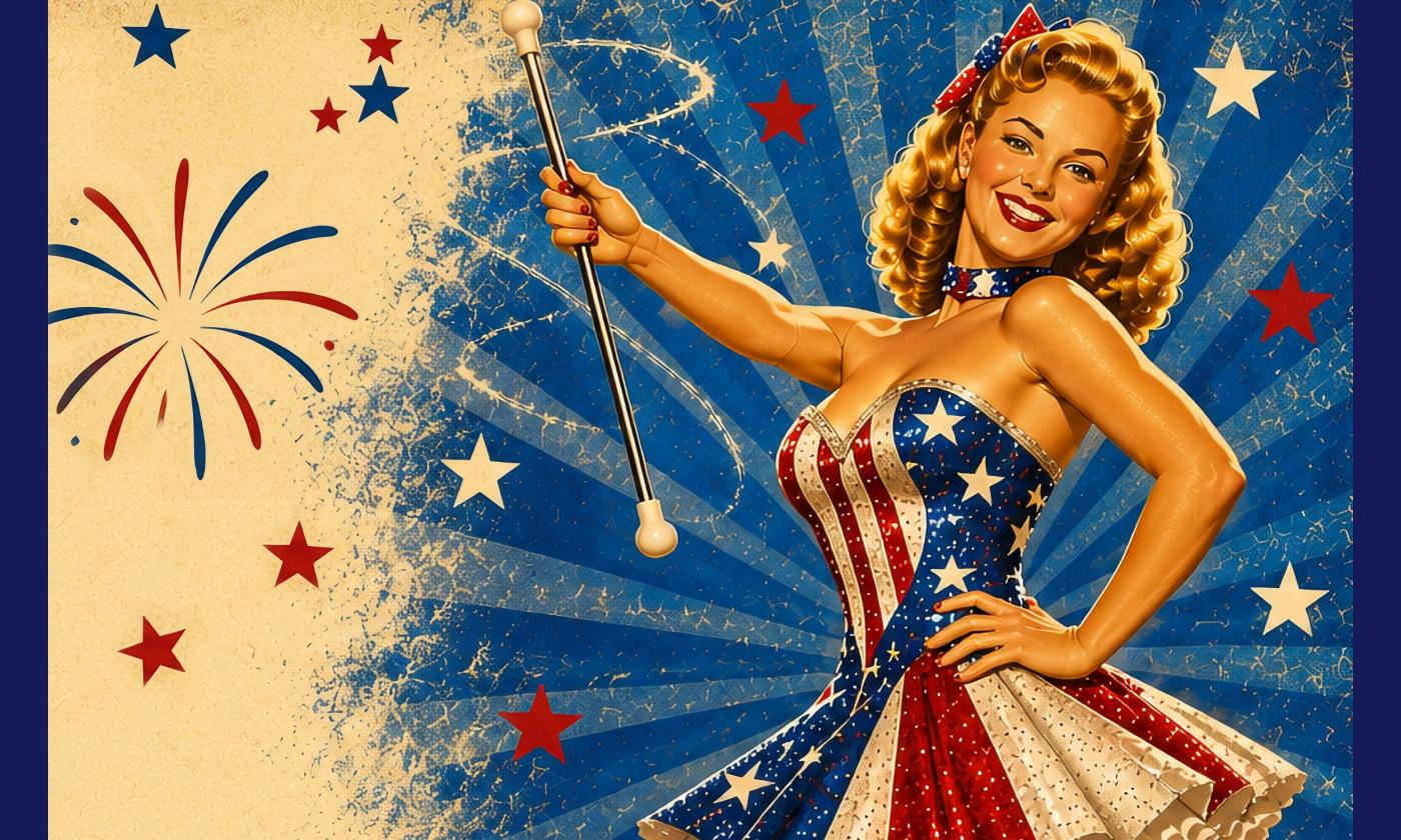 A fifties majorette in red white and blue celebrating the 4th