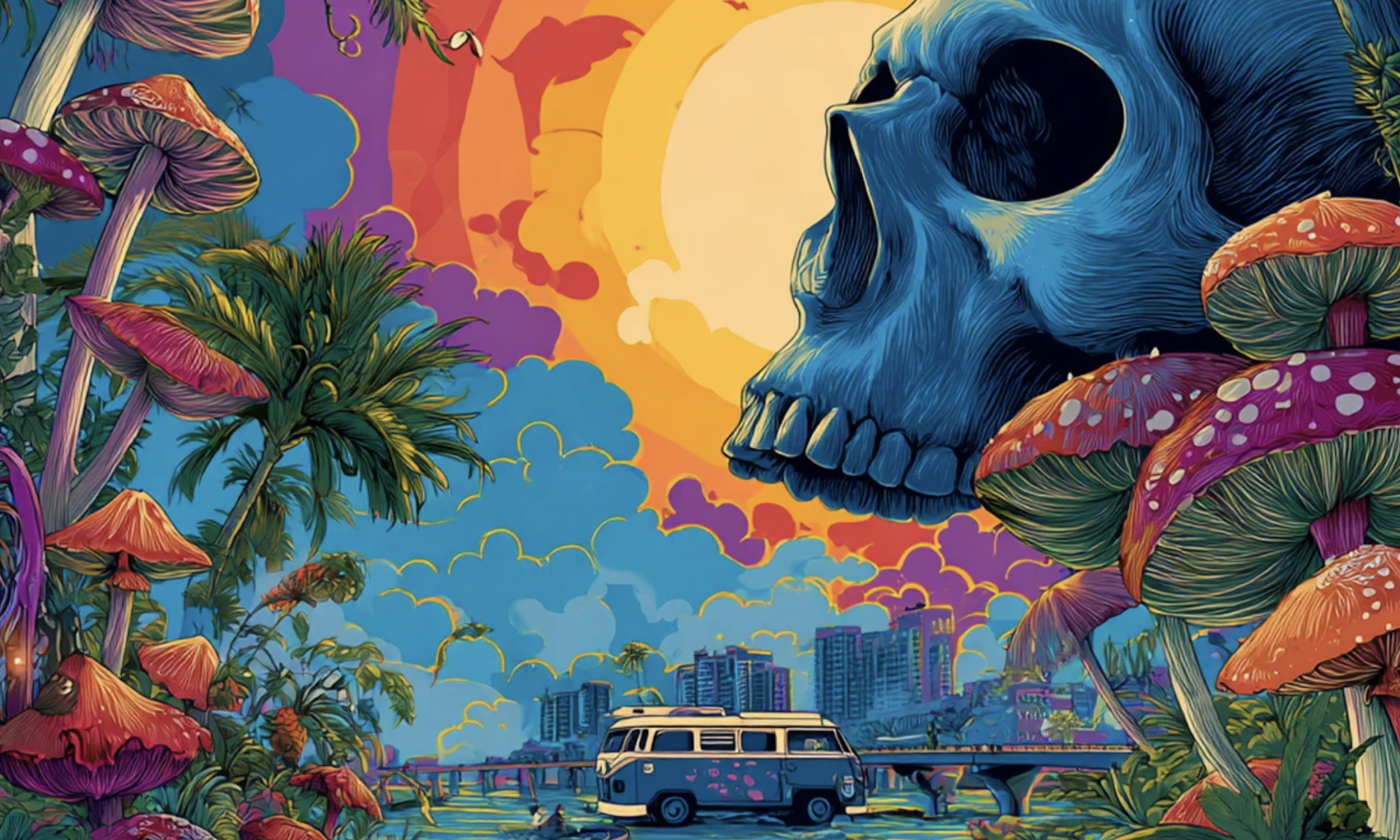 A vibrant, psychedelic design featuring a striking skull set against a mystical landscape of enchanting mushrooms creates a bold and mesmerizing visual for fans.