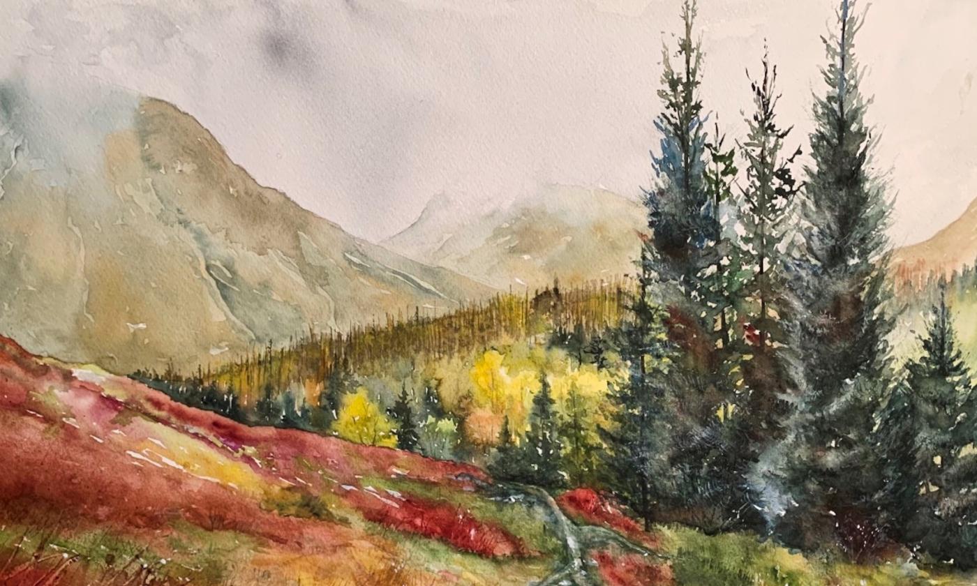 A watercolor painting of mountains and nature
