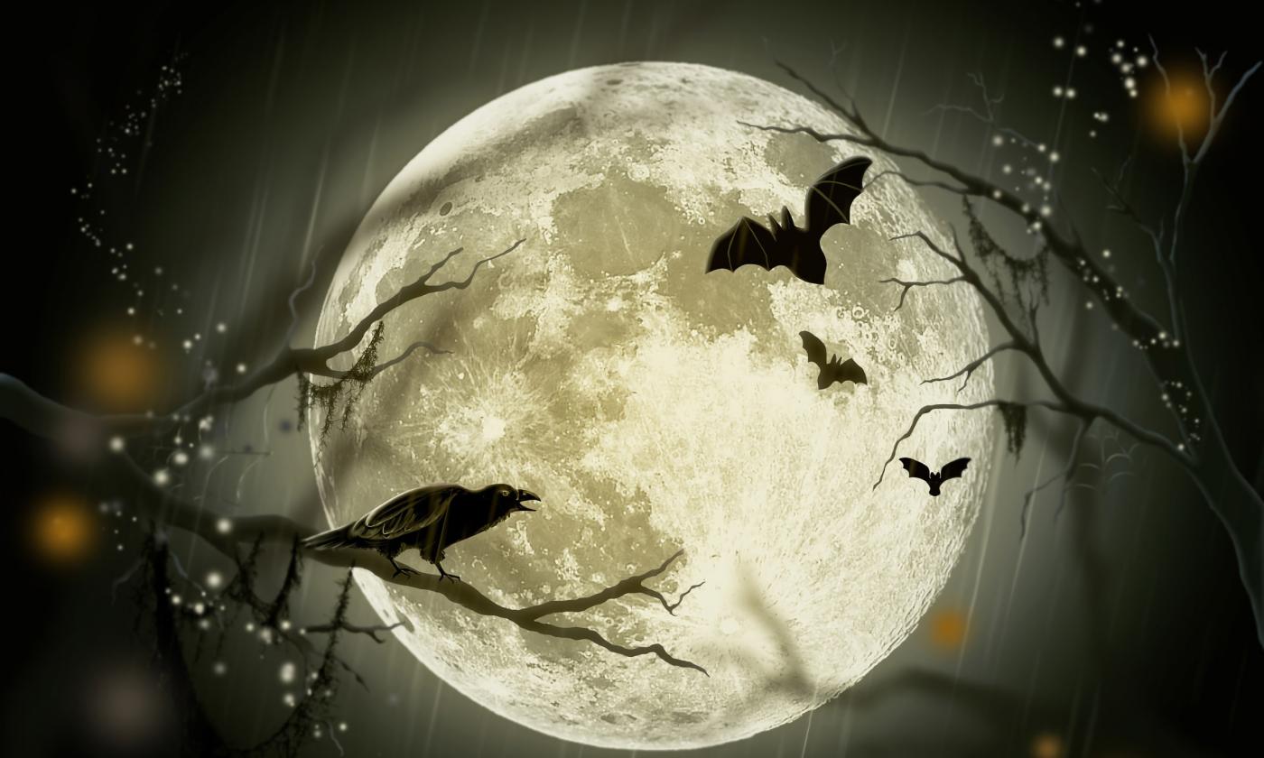 A black night, with a full moon, a raven, a bat, and tree limbs without leaves