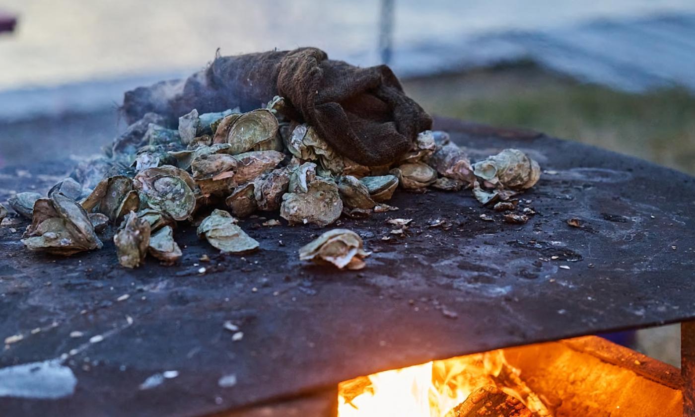 Oysters roasting on an outdoor grill