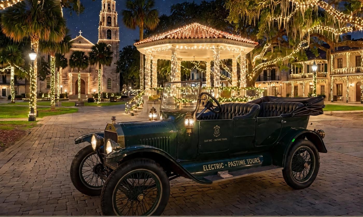 A replica Model T parked next to the gazebo, during Nights of Lights