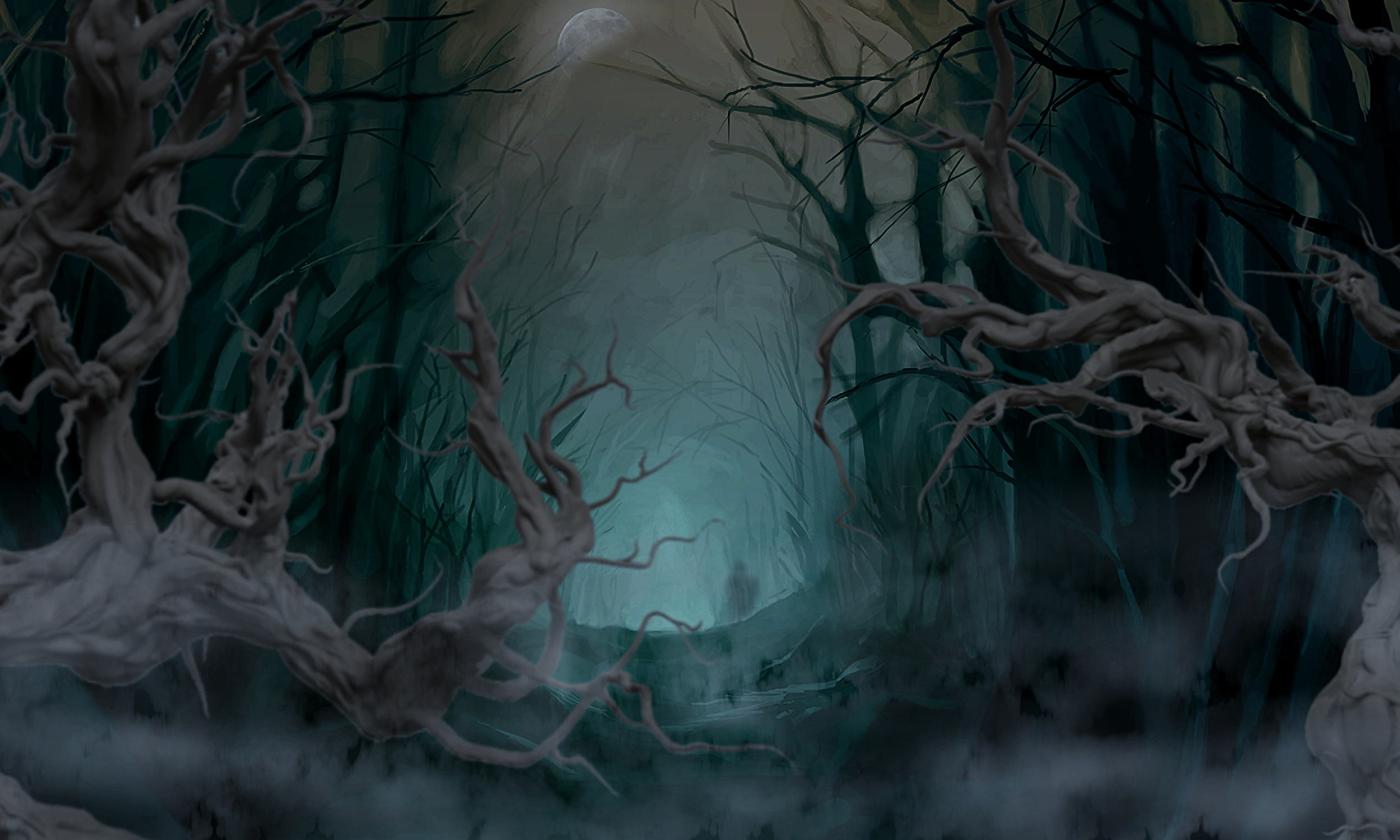 A haunted wood under moonlight