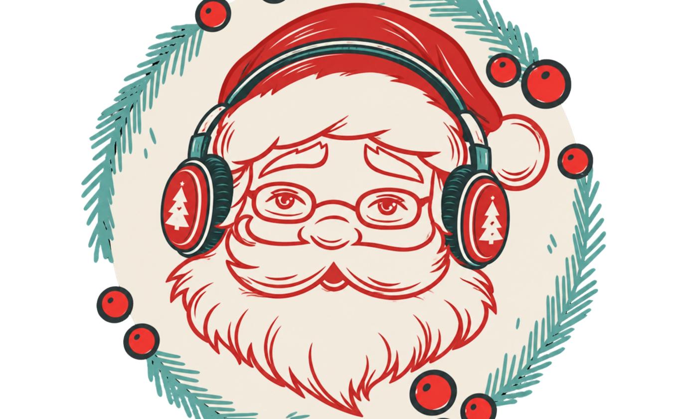 A Santa garphic with headphones on