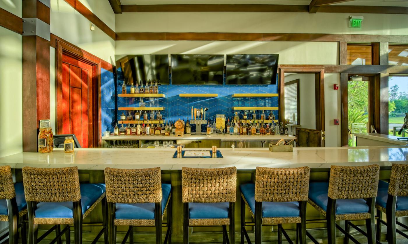 The bar at AJ's Kitchen and Cocktails located in the King and Bear Clubhouse at WGV in St. Augustine.