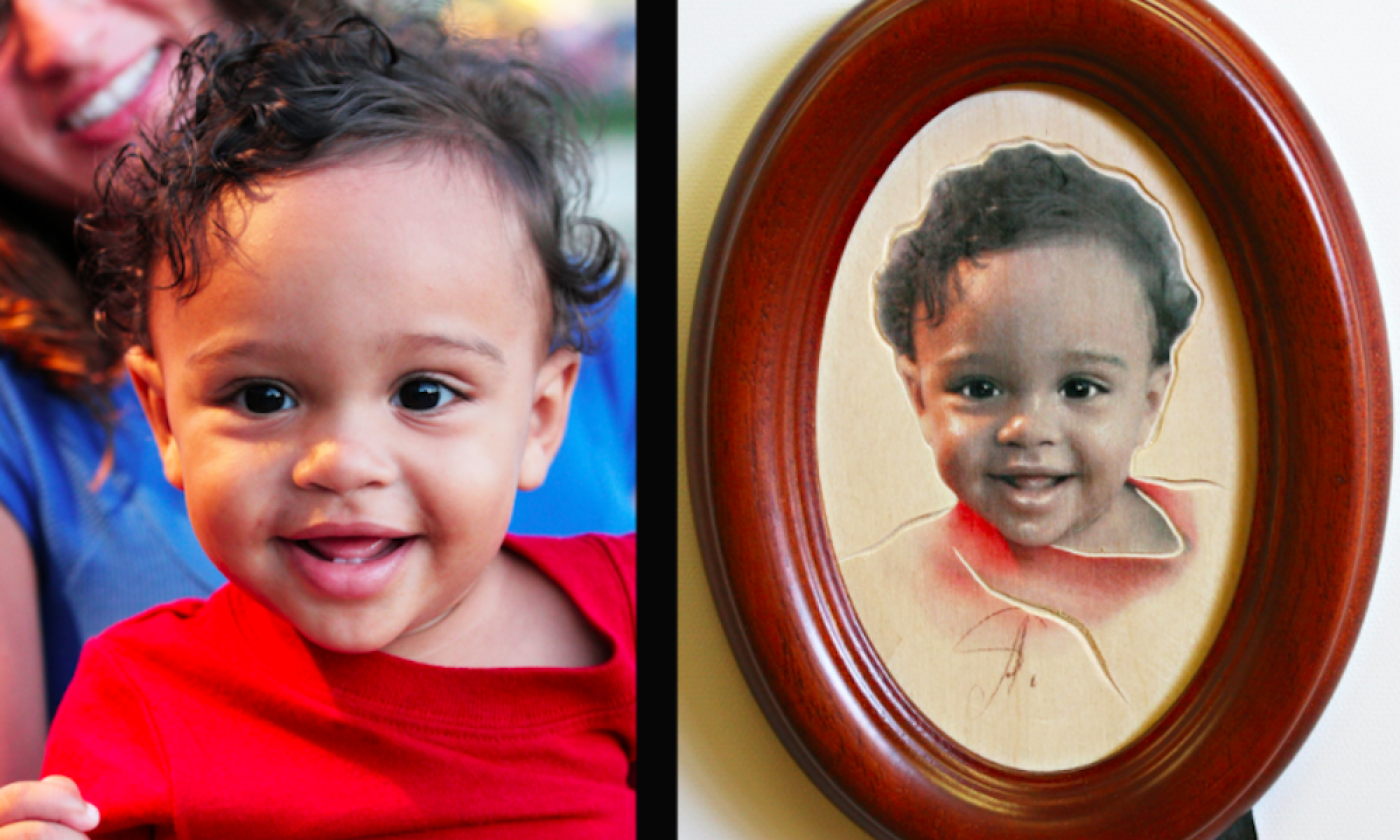 Comparison photo of a baby and their carved portrait from Anatol Studio