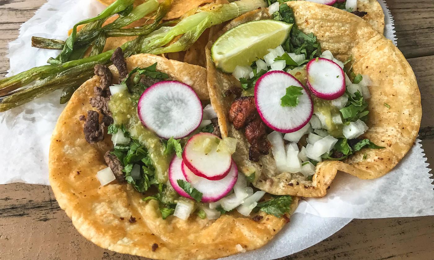 A plate of traditional pork tacos from Tacos My Blessing in St. Augustine, Florida.