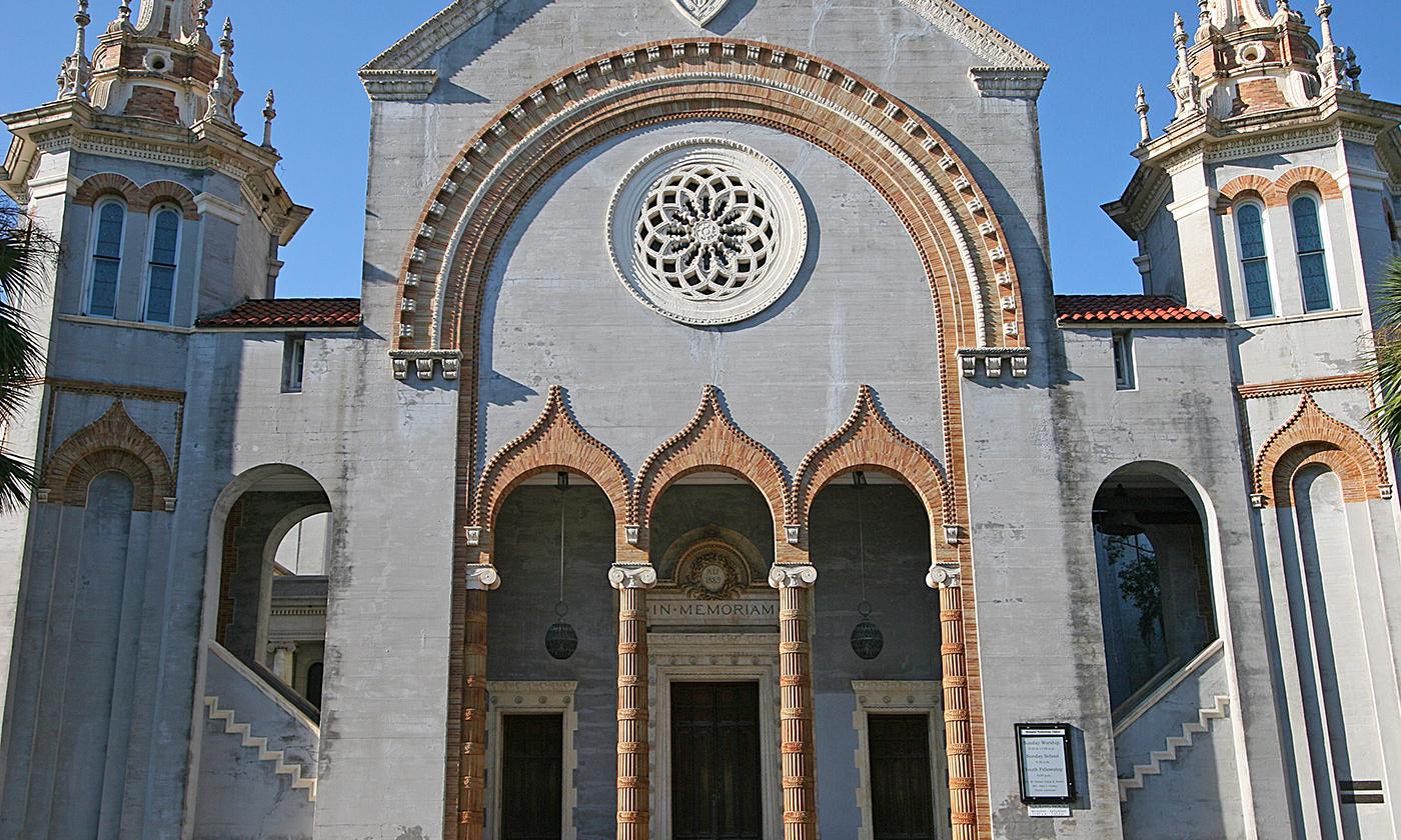 A view of the south entrance to the Memorial Presbyterian Church in St. Augustine, Florida.