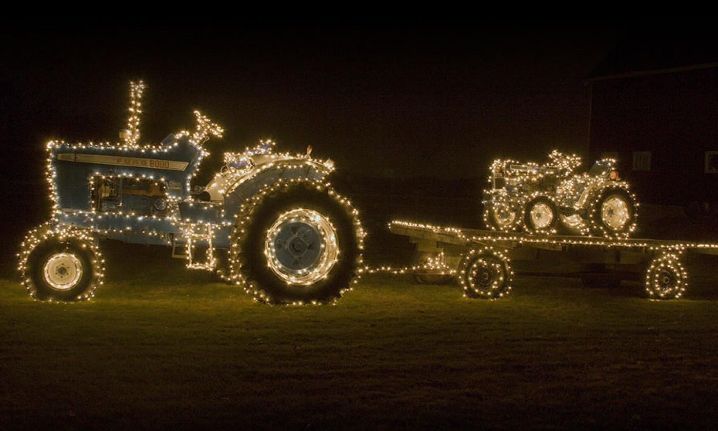 A tractor and trailer lit for the holidays at Elkton's Bright Nights of Drive-thru Lights in Elkton, just west of St. Augustine.