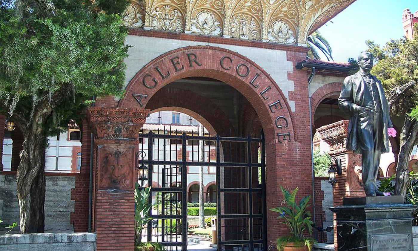 A statue of Henry Morrison Flagler welcomes students and visitors to Flagler College, formerly the Ponce de Leon Hotel, in St. Augustine.
