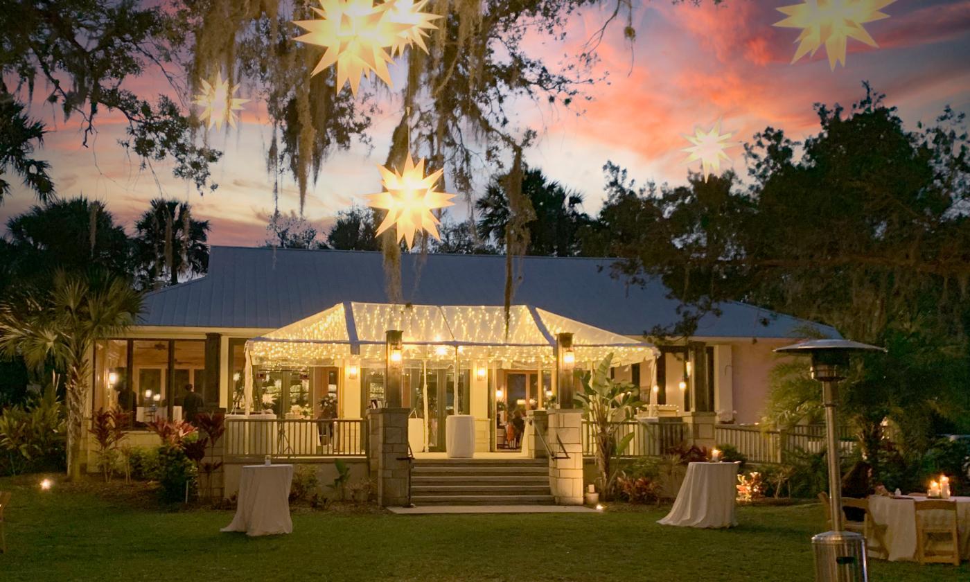 The patio at the Fountain of Youth Event Venue, with lights in the trees.