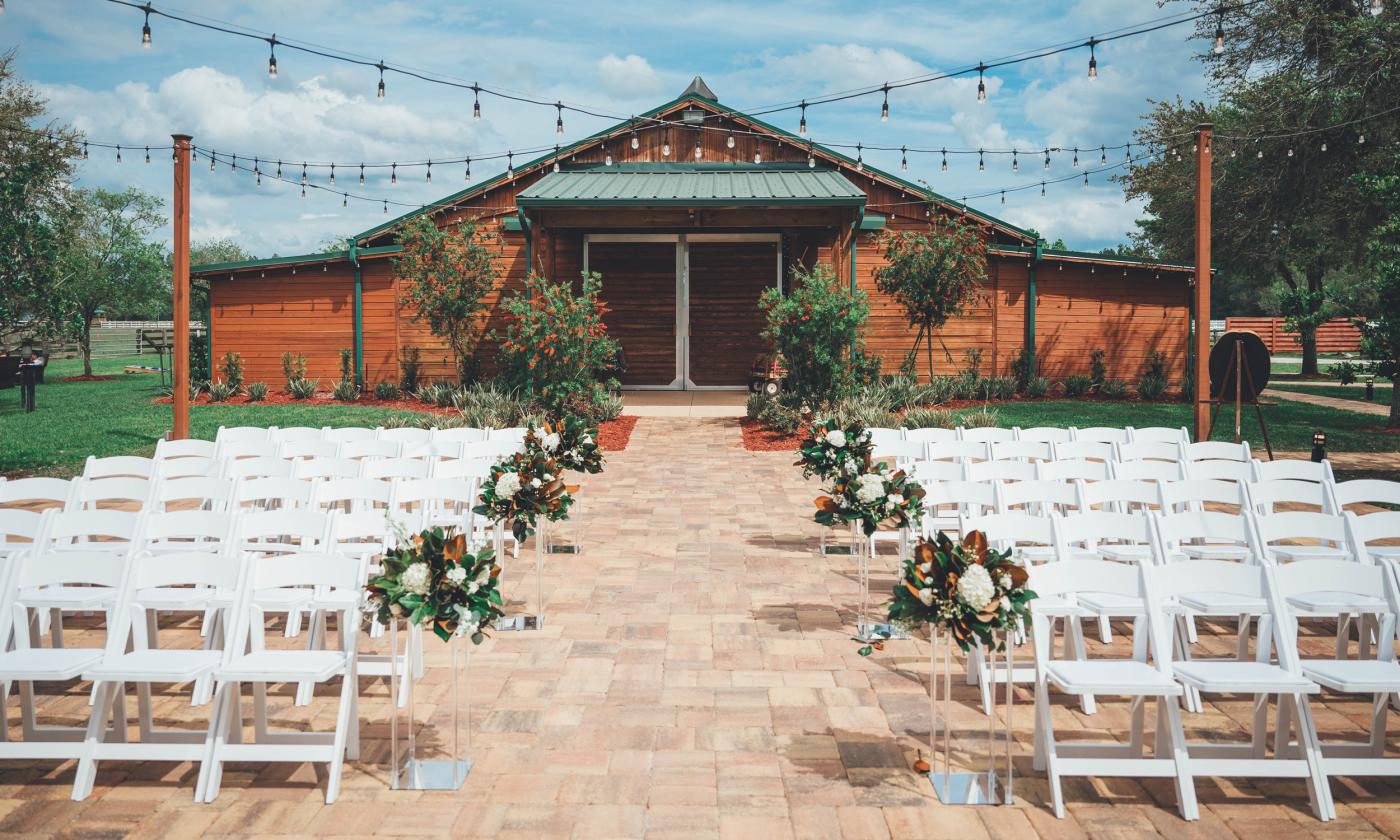 The Barn at Kelly Farm Events, set up for an outdoor wedding. 