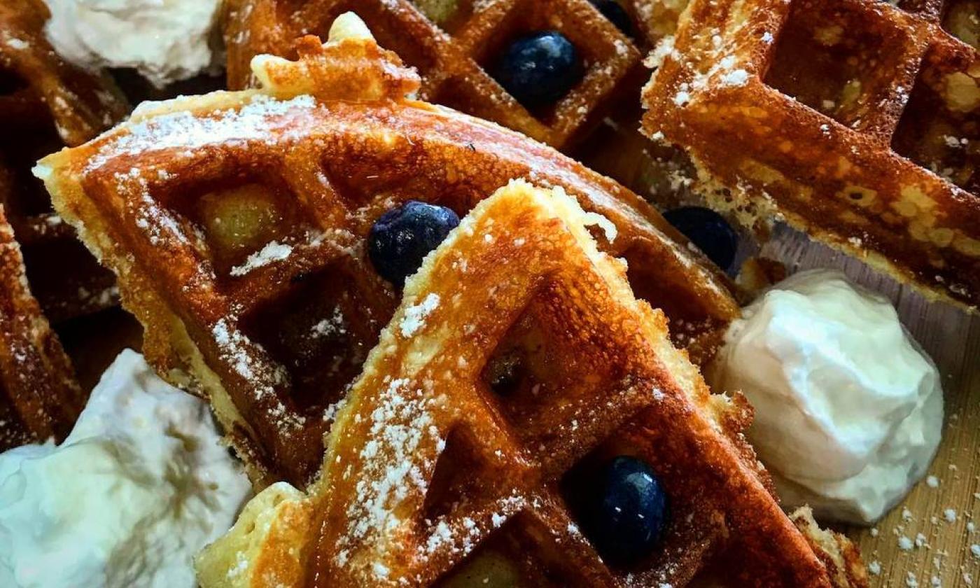 Waffles with blueberries, prepared at Late Risers Bar and Grille just a bit west of St. Augustine.