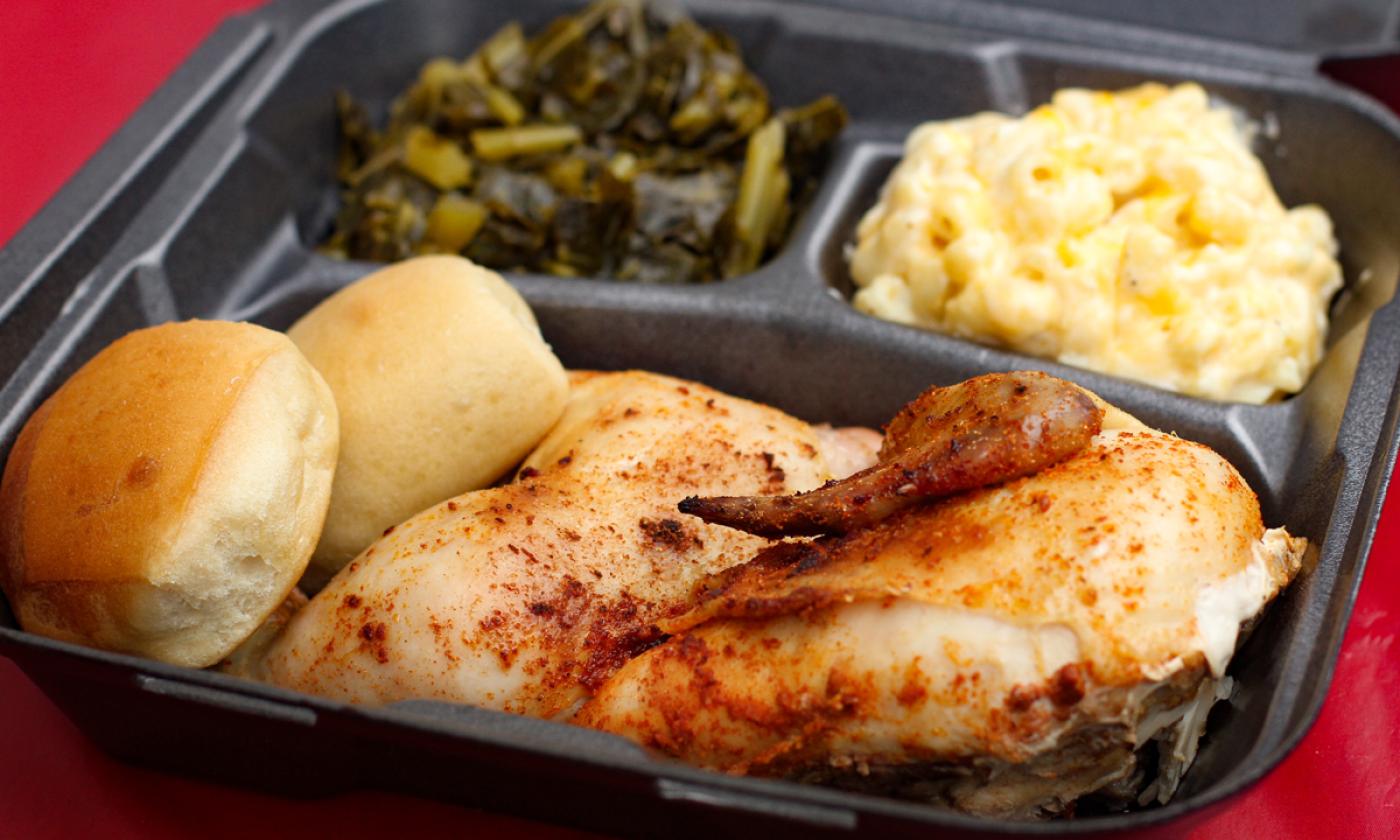 Baked Chicken, collard greens, mac 'n cheese, and house-made rolls from Murf's Homestyle ToGo in St. Augustine.