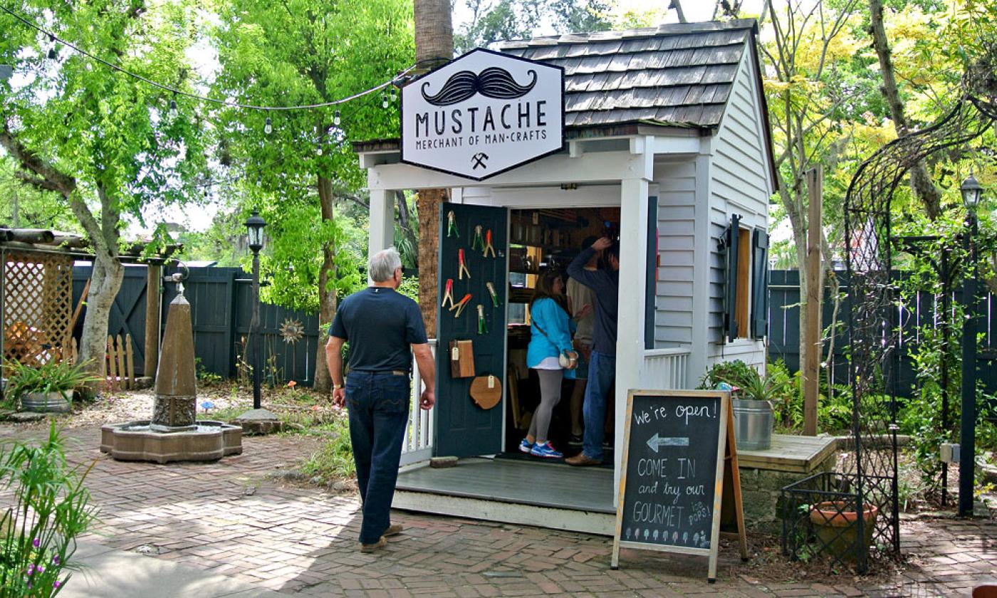 The small shop that is Mustache: Merchant of Man Crafts in St. Augustine.