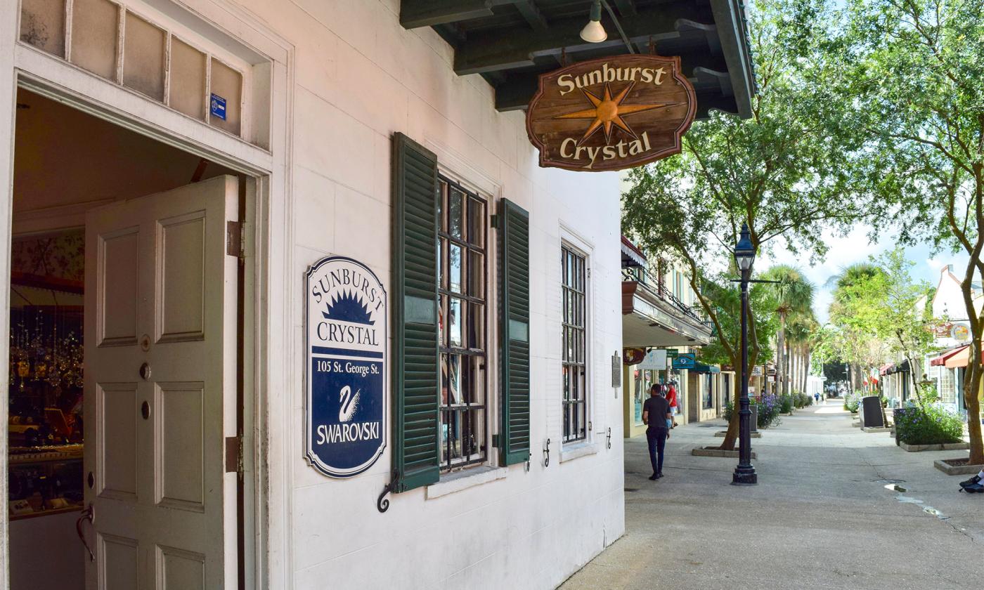 The exterior of Sunburst Crystal & Far East Traders at 105 St. George Street in St. Augustine, Florida.