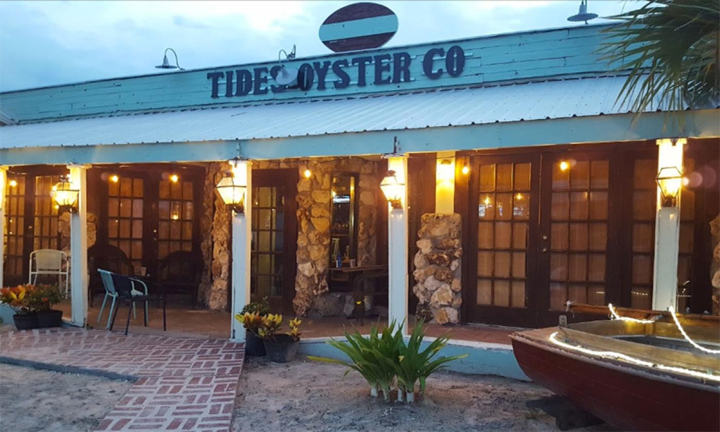 The entrance and porch at Tides Oyster Co. and Grill in St. Augustine.
