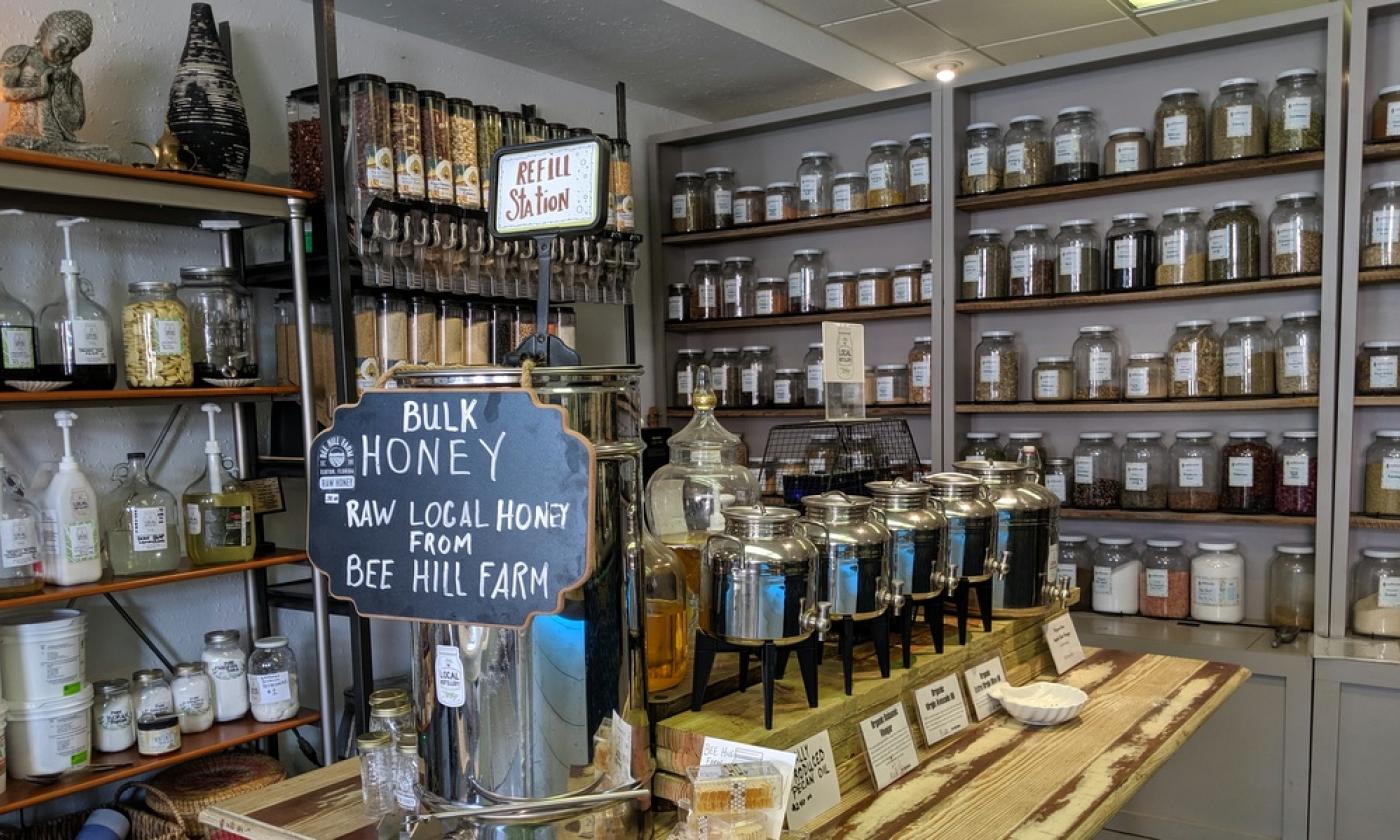 The interior of The Local Refillery where organic spices, foods, coffees and teas can be found in St. Augustine.