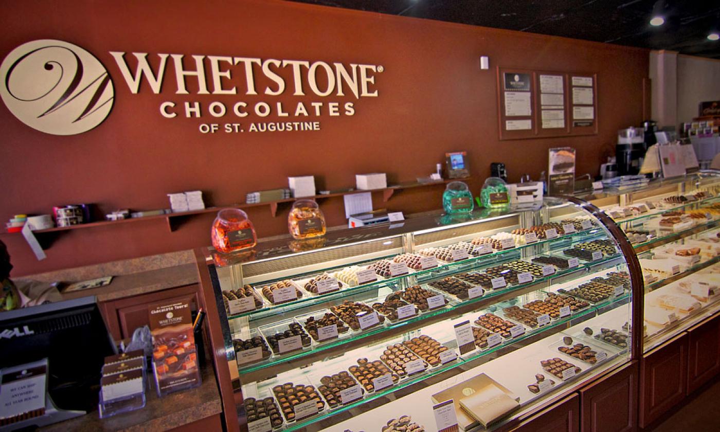 Glass cases at Whetstone Chocolates
