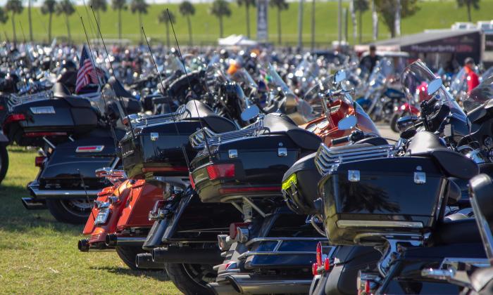 A large number of motorcycles lined up on the lawn for Biketoberfest in Daytona
