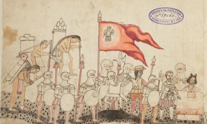 A drawing of a Spanish party of Conquistadors which appears in the Codex Azcatitlan. Hernando Cortez and his teenage indigenous interpreter La Malinche lead the way. La Malinch is depicted with hair braids shaped like little horns. Juan Garrido is fourth from the front, surrounded by Spaniards wearing knights armor. One of these armored men holds a banner with an eagle on it. In the back of the procession, Aztec figures walk with bent backs as they carry loads of cargo (shaped like circles...).