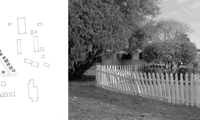 A dual image, with one-third on the left showing a portion of a hand-drawn map, while the larger right portion is a black and white photo that shows a yard in an old neighborhood with a white picket fence, lawn and tree