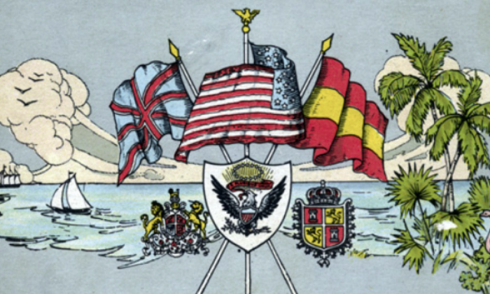A colored print of a series of symbols that are related to Florida. In front of a blue background, a sky full of clouds over ships sailing on the ocean. In front of the ocean in the center of the drawing are the three flags that flew over St. Augustine -- British, American, and Spanish. On the right side of the image is foliage and palm trees.