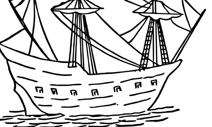 A simple line drawing, black on white, of a 16th century caravel, a style of ship