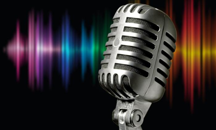A voice microphone against a black background that is highlighted by multi-colored stage lights