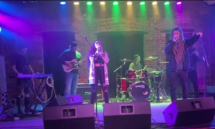 Reggae / dub band Root Sea on stage, five men and one woman.