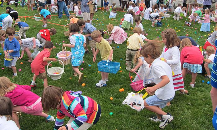 Children playing and searching during an Easter egg hunt